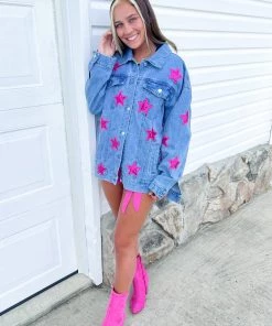 Fantastic Fawn Women's Clothing Pink Star Sequin Denim Jacket