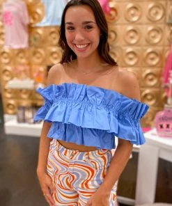 Do+be Blue Ruffle Off The Shoulder Crop Top Women's Clothing