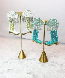 Golden Stella Beaded Rhinestone Cowboy Boot Earrings