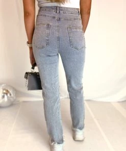 Blue B Distressed Rhinestone Light Wash Straight Jeans Women's Clothing