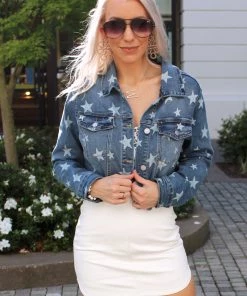 Judy Blue Women's Clothing Star Patterned Cropped Denim Jacket