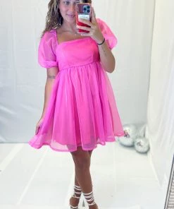 TCEC Women's Clothing Barbie Pink Puff Sleeve Babydoll Dress