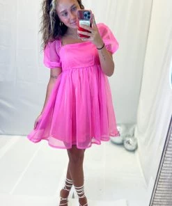 TCEC Women's Clothing Barbie Pink Puff Sleeve Babydoll Dress