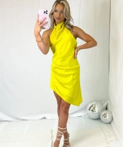 Do + Be Yellow Asymmetrical Mock Neck Mini Dress