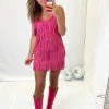 Nylon Apparel Women's Clothing Hot Pink Metallic Fringe Mini Dress