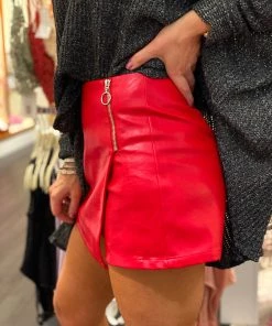 Le Lis Women's Clothing Red Faux Leather Mini Skort With Zipper