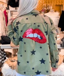Promesa Women's Clothing Green Star Pattern Jacket With Red Lips