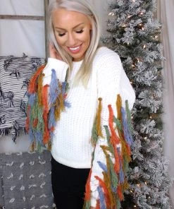 Blue B Ivory Knit Sweater With Colorful Fringe Arms Women's Clothing
