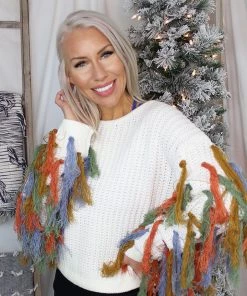 Blue B Ivory Knit Sweater With Colorful Fringe Arms Women's Clothing