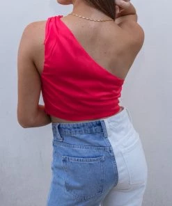 Do + Be Women's Clothing Coral One Shoulder Ruched Crop Top