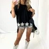 TCEC Women's Clothing Black Sequin Star Fringe Short Sleeve Top