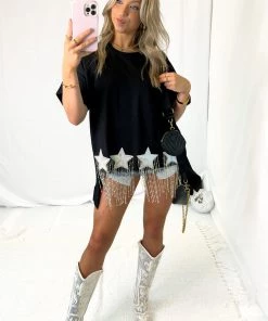 TCEC Women's Clothing Black Sequin Star Fringe Short Sleeve Top