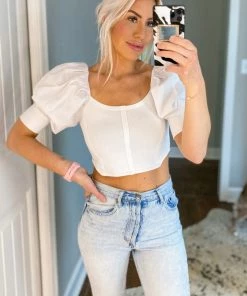 Do + Be Women's Clothing White Cropped Puff Sleeve Blouse