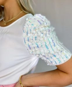 TCEC White Sequin Puff Sleeve Top