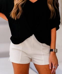 HYFVE Women's Clothing Ivory Acid Wash Elastic Waist Shorts