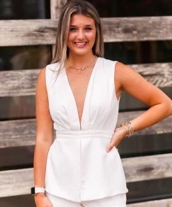 Do + Be Women's Clothing Ivory Deep V-Neck Sleeveless Romper