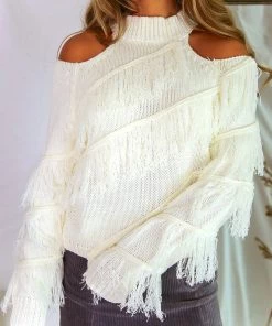 Blue B Women's Clothing Ivory Double Cutout Shoulder Sweater With Fringe