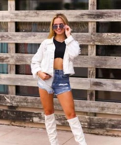 POL Ivory Pearl And Star Embroidered Distressed Denim Jacket Women's Clothing 8 POL Ivory Pearl And Star Embroidered Distressed Denim Jacket Women's Clothing