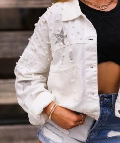 POL Ivory Pearl And Star Embroidered Distressed Denim Jacket Women's Clothing
