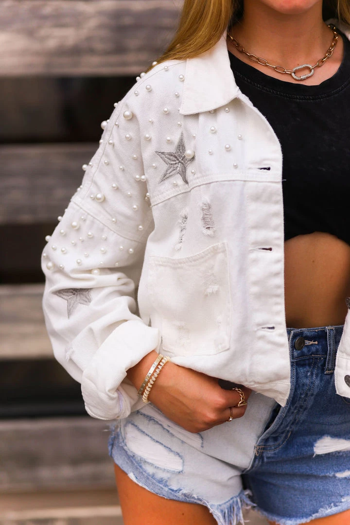POL Ivory Pearl And Star Embroidered Distressed Denim Jacket Women's Clothing 3 POL Ivory Pearl And Star Embroidered Distressed Denim Jacket Women's Clothing