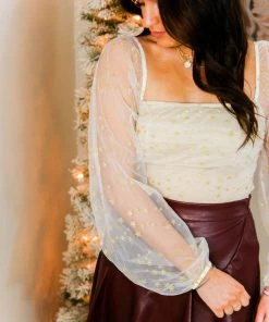 Le Lis Ivory And Gold Star Mesh Sleeve Bodysuit