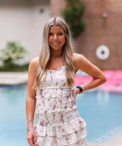 Storia Women's Clothing Ivory And Pink Smocked Mini Dress