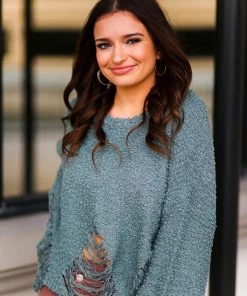 POL Jade Green Distressed Popcorn Sweater