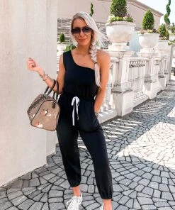 Le Lis Women's Clothing Jet Setter Black One Shoulder Jogger Jumpsuit