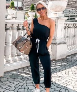 Le Lis Women's Clothing Jet Setter Black One Shoulder Jogger Jumpsuit 9 Le Lis Women's Clothing Jet Setter Black One Shoulder Jogger Jumpsuit