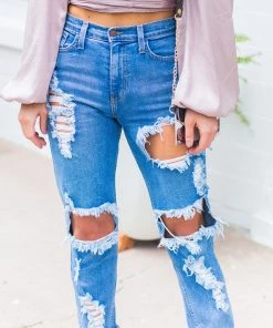 Vibrant MIU Kayla High Waisted Distressed Girlfriend Jeans - Medium Wash