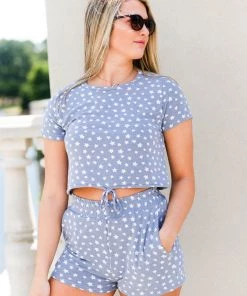 Le Lis Women's Clothing Blue And White Star Pattern Two Piece Short Set