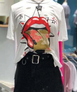 Mine B Distressed Camo Lips And Tongue Graphic Tee Women's Clothing