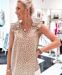 Entro Polka Dot Ruffle Sleeve Tank Top - Mocha