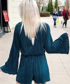 Peach Love California Dark Green Long Sleeve Romper