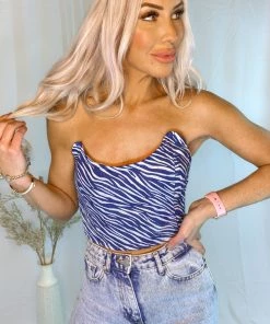 Pretty Garbage Women's Clothing Lace Up Denim Zebra Corset Top
