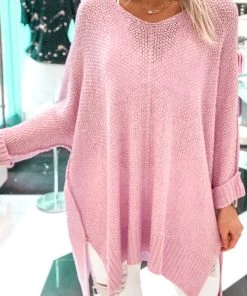 She & Sky Women's Clothing Knitted Sweater With Folded Cuffs - Lilac Purple