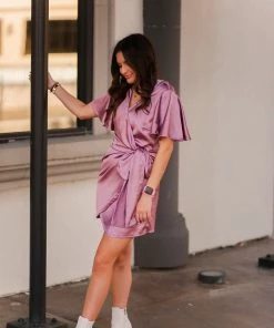 Dress Forum Lavender Satin Wrap Mini Dress