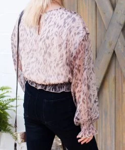 Glam Leopard Sheer Sleeve Top Women's Clothing
