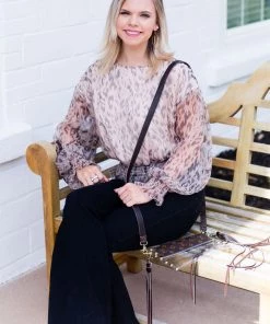 Glam Leopard Sheer Sleeve Top Women's Clothing