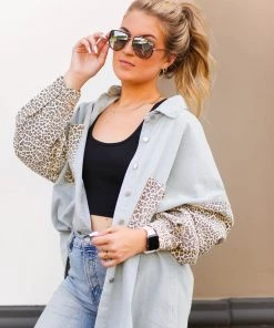 POL Leopard And Light Denim Shacket Women's Clothing