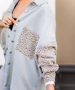 POL Leopard And Light Denim Shacket Women's Clothing