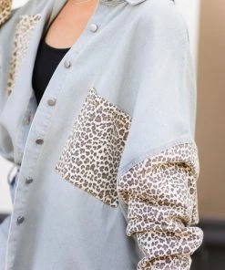 POL Leopard And Light Denim Shacket Women's Clothing