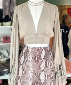 HYFVE Light Olive Plunge Neck Bubble Sleeve Top Women's Clothing