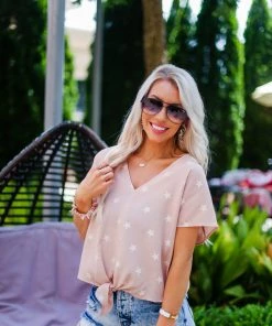 Hem & Thread Light Red Star Patterned Tie Top Women's Clothing