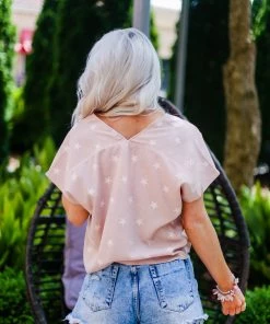 Hem & Thread Light Red Star Patterned Tie Top Women's Clothing