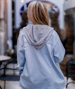 Risen Jeans Light Wash Chambray Hoodie Jacket Women's Clothing