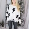 Storia Ivory Distressed Lightning Bolt Sweater