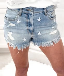 Euina Lulu High Rise Star Pattern Denim Shorts - Medium Wash