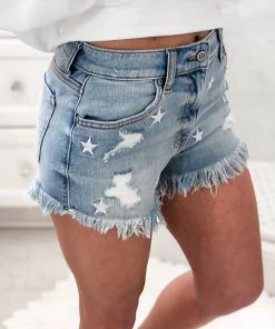 Euina Lulu High Rise Star Pattern Denim Shorts - Medium Wash