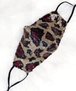 Hana Maroon And Gold Leopard Sequin Face Mask